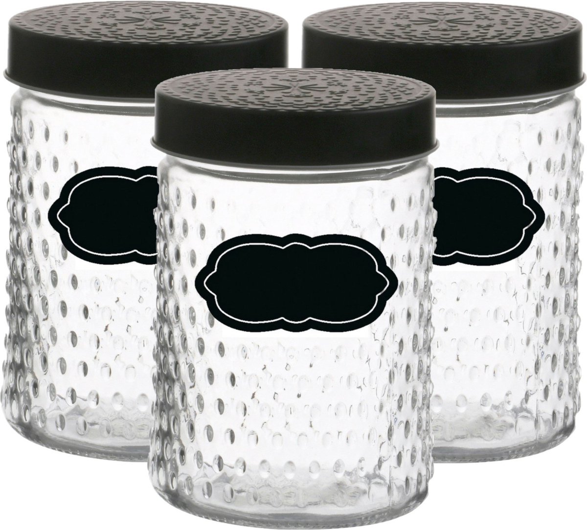 Voorraadpot/bewaarpot Roma - 6x - 1L - glas - zwart - incl. etiketten