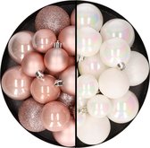 Kerstballen 60x stuks - mix lichtroze/parelmoer wit - 4-5-6 cm - kunststof - kerstversiering