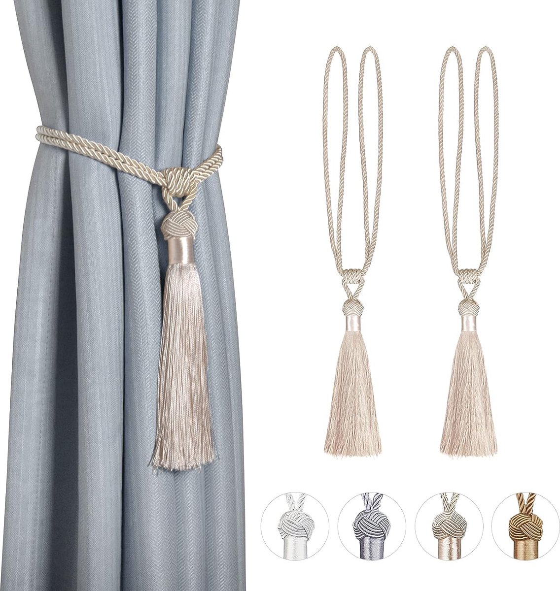 2 Stuks Gordijn Tiebacks Gordijnhouders Hand Gebreide Kwastje Gordijn Gevlochten Touw Polyester Katoen Riem Draperen Holdback,Beige
