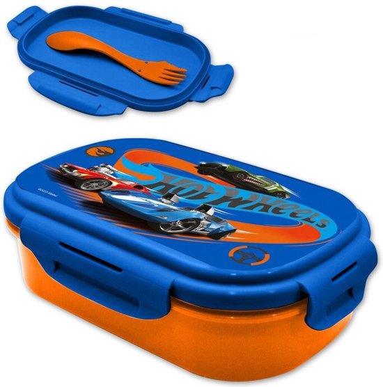 Boîte à lunch bleue Hot Wheels avec des voitures de course et des couverts orange, fourchette et cuillère.