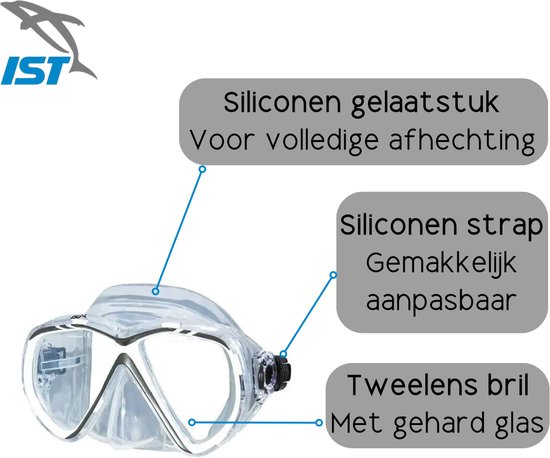 Masque de plongée transparent à deux lentilles, jupe en silicone et sangle en silicone réglable.