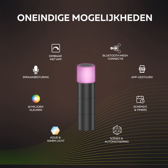 Zwarte Calex Smart Outdoor Garden Post lamp met 16 miljoen kleuren, dimbaar via app en spraak.