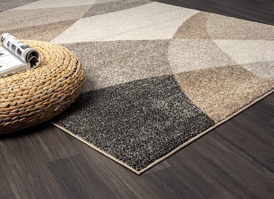 the carpet Pearl Tapis de Chambre à Coucher Moderne à Poils Ras Rasés, Découpe Contour , Motif Géométrique, Motif Vague, Beige, 140 x 200 cm