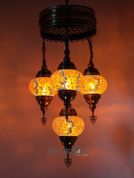 Turkse Lamp - Hanglamp - Mozaïek Lamp - Marokkaanse Lamp - Oosters Lamp - ZENIQUE - Authentiek - Handgemaakt - Kroonluchter - Oranje - 4 bollen