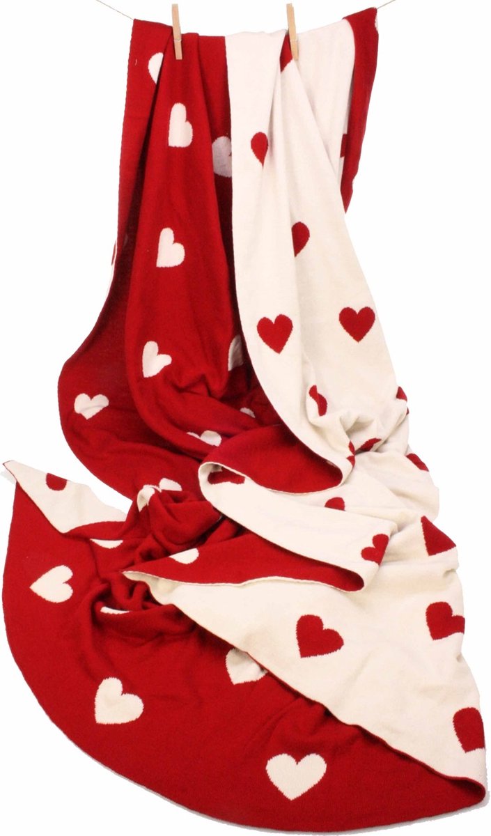 Meander gebreid kleed rood met witte hartjes 100% katoen 125 x 150 cm
