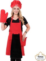 Tulipa rode Keukenschort Set van 6 met zwarte Handdoek en Ovenwanten Pannenlappen Koksmuts Professioneel Verstelbaar Kookschort BBQ Schort Horecakwaliteit Schorten voor vrouwen One Size Fits All