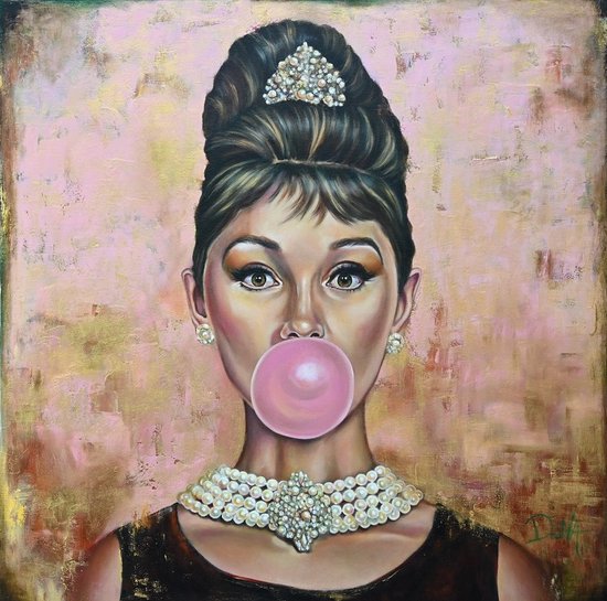 Schilderij glas Audrey Hepburn met kauwgombal - Artprint op acrylglas - breedte 80 cm. - hoogte 80 cm. - Kunst op glas - myDeaNA