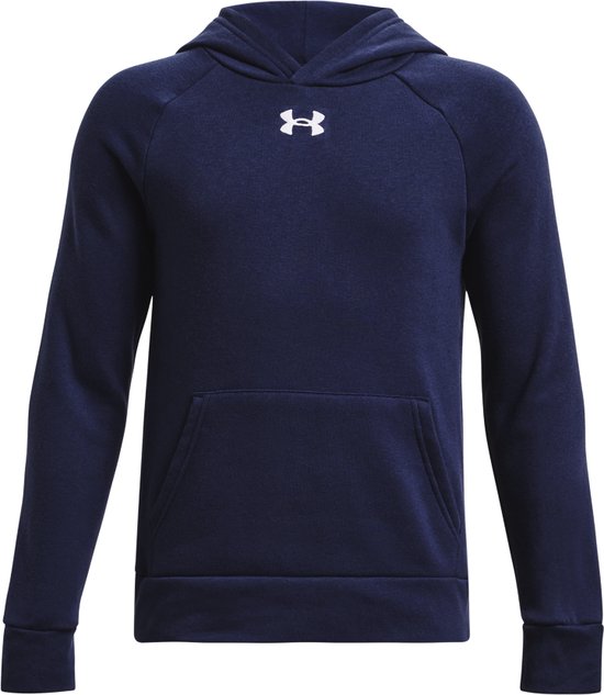 Donkerblauwe Under Armour sporttrui met capuchon, witte logo en steekzak.