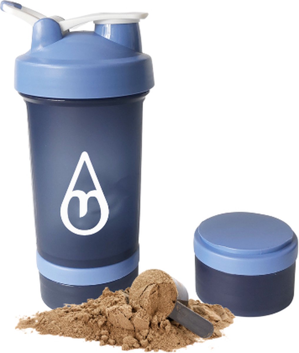 Goedkoopste Shakebeker met poedercompartiment - Motivai® - Blauw - Shaker - 3 delige shaker - 600ml - Motivatie Waterfles - Voor het maken van Shake's - Ook voor supplementen - extra compartimenten voor eiwit en preworkout en/of pillen - met shakebal