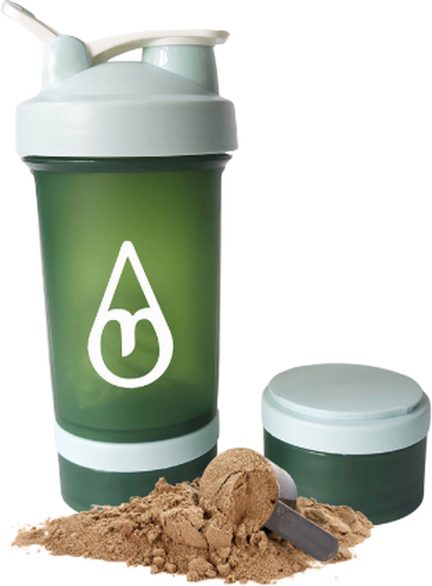 Goedkoopste Shakebeker met poedercompartiment - Motivai® - Groen - Shaker - 3 delige shaker - 600ml - Motivatie Waterfles - Voor het maken van Shake's - Ook voor supplementen - extra compartimenten voor eiwit en preworkout en/of pillen - met shakebal