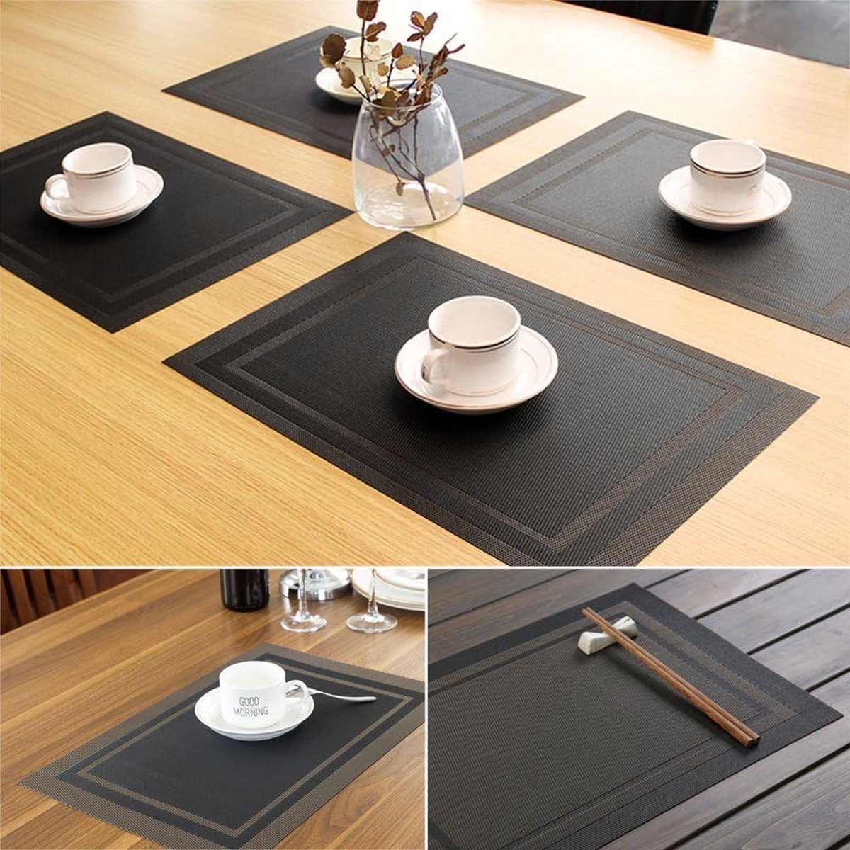 Placemat Set van 6,Gemakkelijk Schoon,Antislip,Hittebestendig,Vlekbestendig Tafelonderzetter, 45cmx30cm(Zwart + Goud)