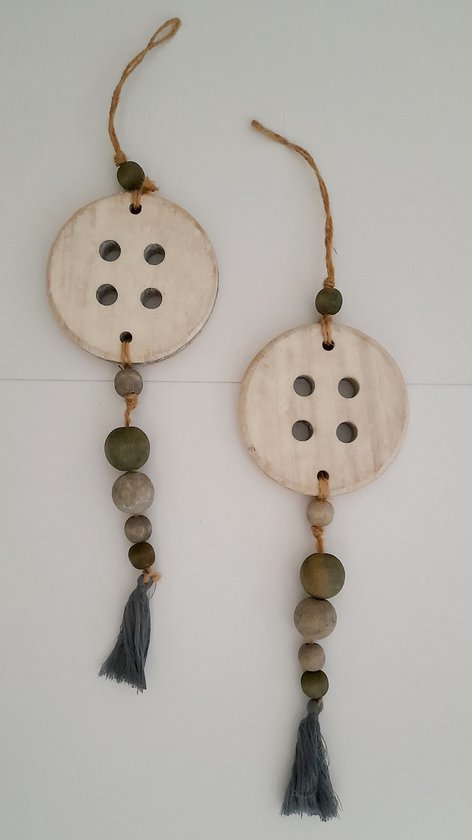 Hanger decoratie - 2 stuks - decoratie - reuze knoop - hout - creatief - kralen - whitewash - naaien