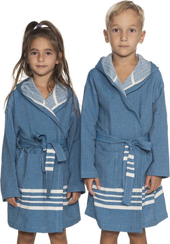 Hamam Badjas Sun Kids Petrol Blue - 8-9 jaar - jongens/meisjes/uniseks - badjas kind / kinderen met capuchon - zwembadjas