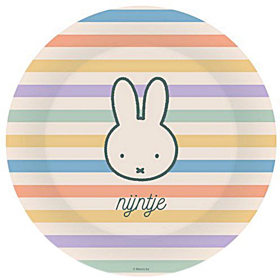 Assiette avec Miffy au centre, entourée de rayures horizontales colorées.