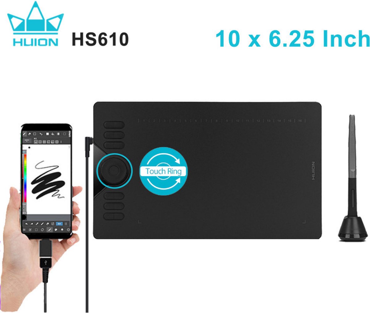 Huion HS610 Tekentablet - Zwart - Grafische Tablet - Tekenpen - Voor Mac Windows Android