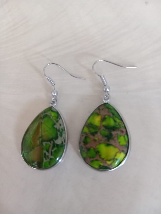 Boucles d'oreilles pierres précieuses-argent jaspe vert d'eau, goutte de pierre de 2,5 cm de long, argent 925, 8 g par ensemble