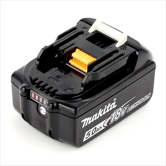 Zwarte Makita 18V 5.0Ah Li-ion accu met witte en gele accenten en LED-indicator.