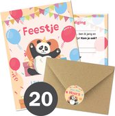 Uitnodiging Kinderfeestje + Enveloppen & Sluitstickers - Voordeelset 20 stuks - Panda Uitnodiging verjaardag - Jongen of meisje - uitnodigingskaarten + kraft envelop - Verjaardag Feest