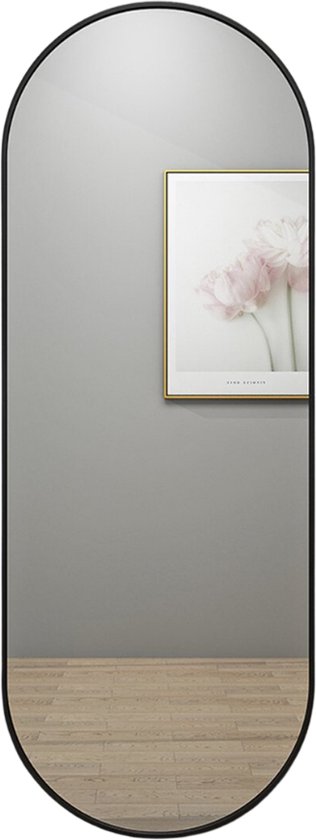 SensaHome Oval Passpiegel - Minimalistische Design Wandspiegel - Spiegel met Metalen Rand - Zwart - Modern - Kleedkamer Spiegel - 50x160CM - Zwart