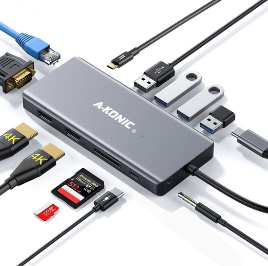 A-KONIC 13 in 1 USB C Docking Station met 2*4k HDMI (dual) - VGA 60HZ 1920*1080 - Gigabit Ethernet Rj45 - USB-C opladen 100W en meer - Spacegrijs