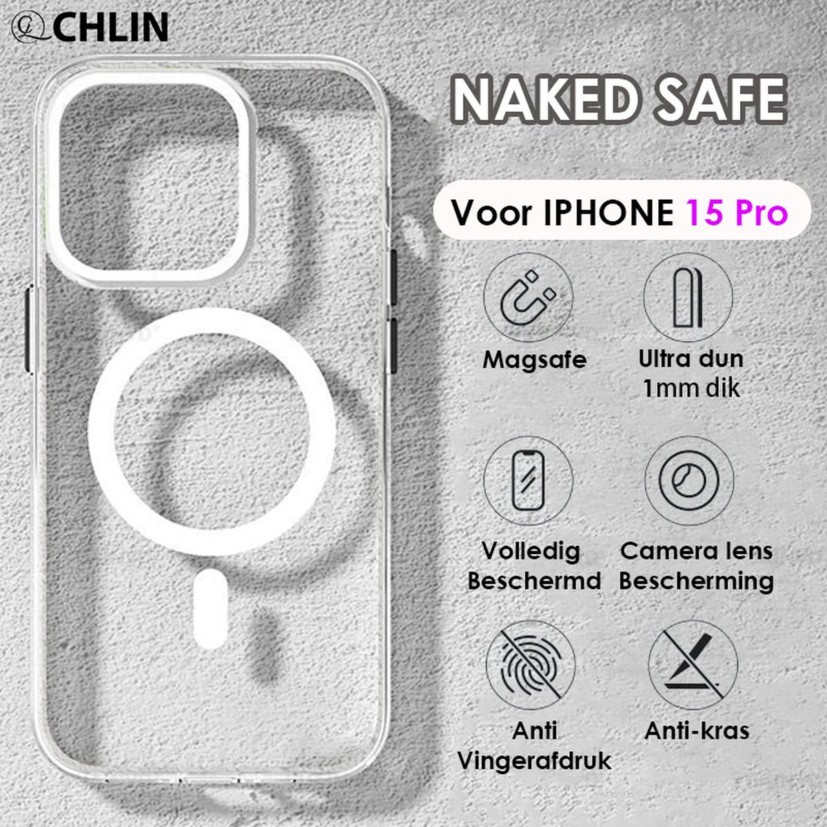 CL CHLIN Naked Safe - transparant Hoesje voor Iphone 15 Pro met Magsafe magneet en Matrix airbag - Iphone 15 Pro hoesje - nieuw model - Dun hoesje iphone 15 Pro - Iphone 15 Pro - Iphone 15 Pro Accessoires - iphone 15 Pro case - Kerstcadeau