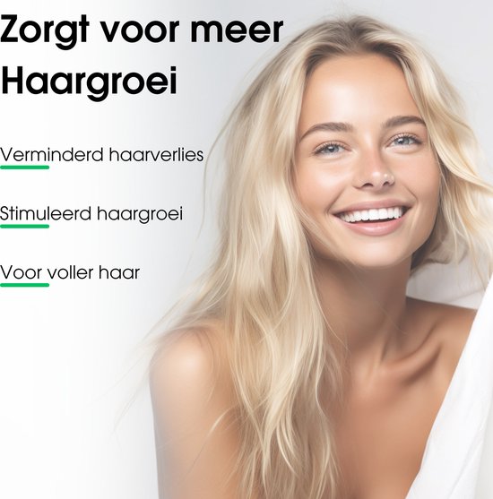 Vrolijk lachende vrouw met lang, blond haar. Tekst: 'Zorgt voor meer haargroei'.
