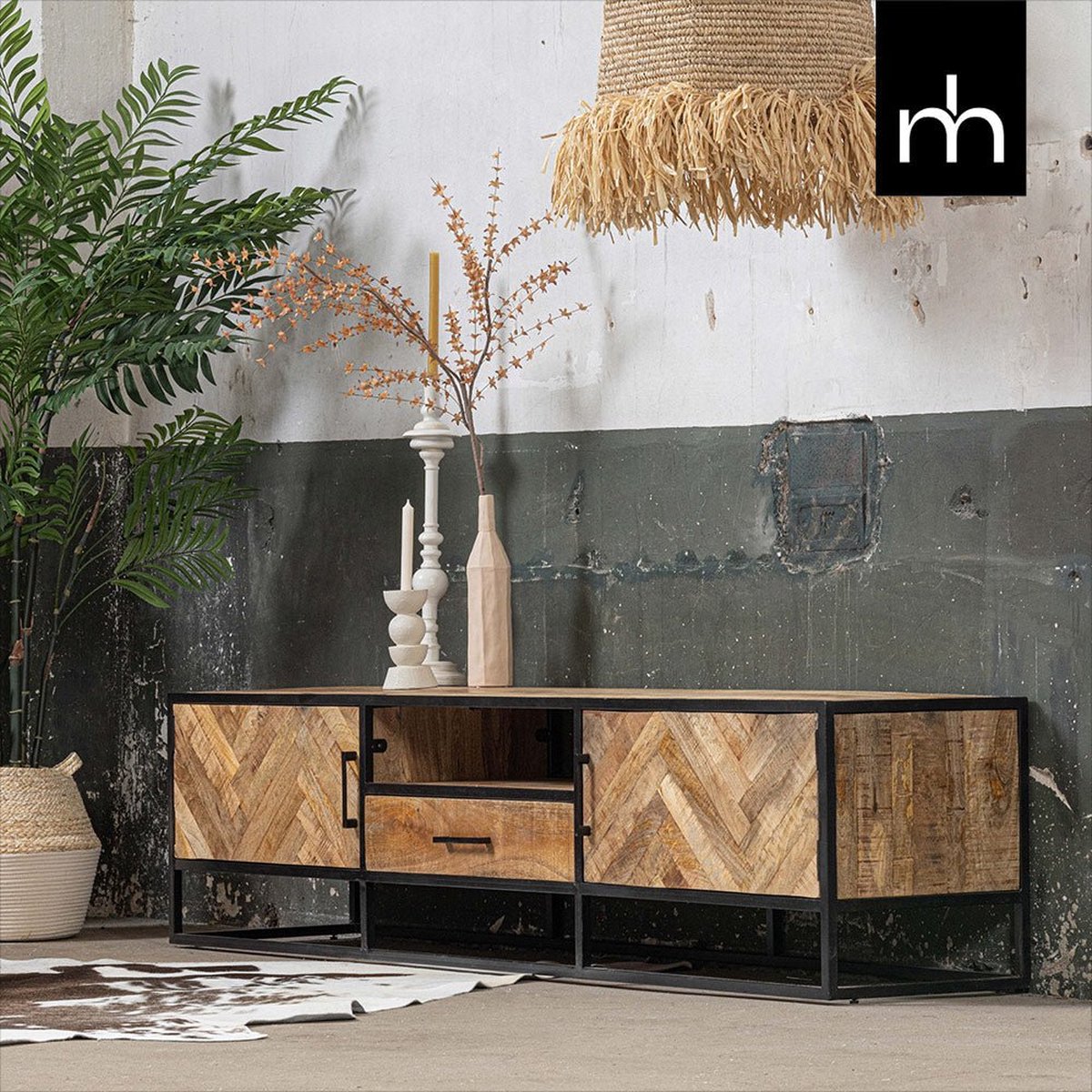Mangohouten TV Meubel New Haven 210 cm Mahom Industrieel - TV Meubel van Mangohout & Metaal - Industriële TV Meubel