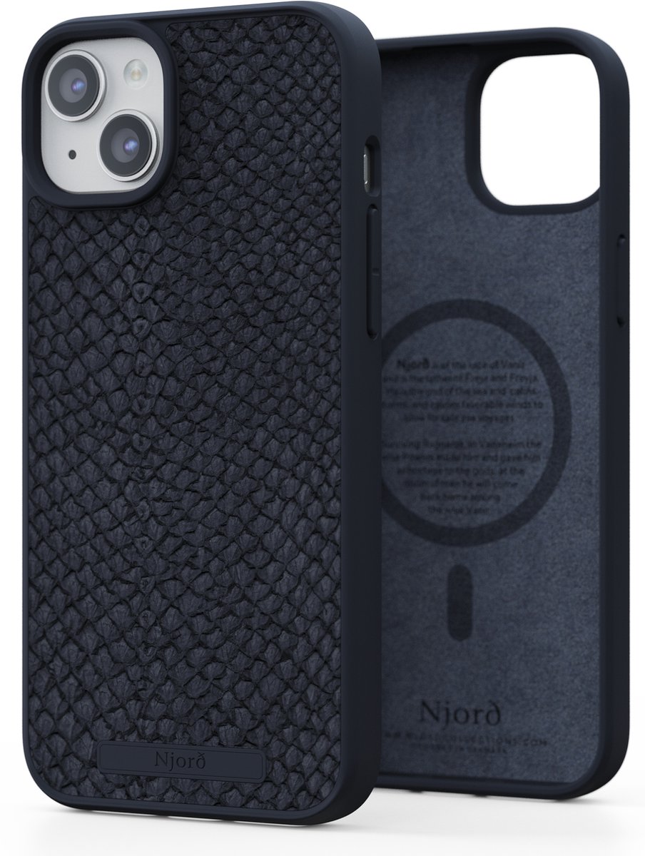 Njord Collections Zalm Leder Telefoonhoesje - Geschikt voor iPhone 15 Plus - Gereycled / Duurzaam materiaal - 2 Meter valbescherming - Mag Compatible / Inclusief Magnetische Ring – Donkergrijs