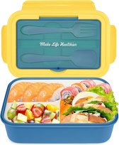 Bento lunchbox met 3 vakken - Blauw/geel - 1400 ml - Broodtrommel met bestek - Snackbox voor school, werk, picknick