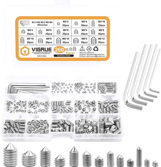 Foto: Roestvrijstalen assortiment van 260 stuks bouten met inbussleutel borgmoeren en kegelpunten in m3 m4 m5 m6 en m8 maten