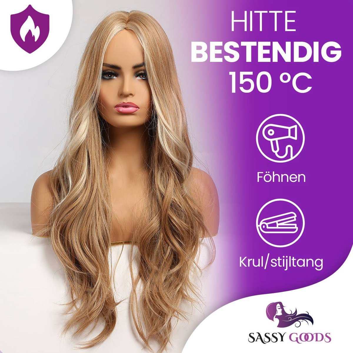 SassyGoods Blonde Pruik met Highlights- Pruiken Dames Lang Haar - Haarwerk - Haren Vrouwen - Verstelbaar - Wasbaar - Blond - 70 cm — afbeelding 2