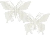 House of Seasons decoratie vlinders op clip - 2x stuks - wit - 16 cm