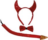 Duivels verkleed setje - hoorntjes diadeem en staart/strik - rood - verkleed accessoires - halloween