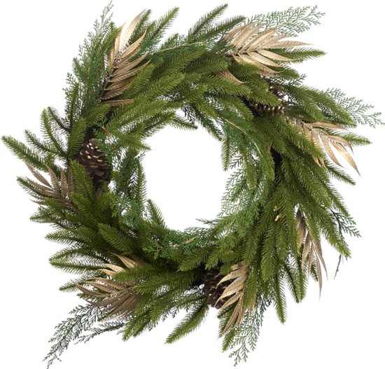 GOODWILL- KRANS-DENNEN-PALM-BLAD-GROEN-GOUD-DECORATIE-DEUR-60CM-KERST-UNIEK-BINNEN-BUITEN