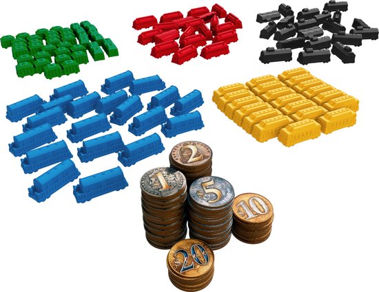 Stapels rode, blauwe, groene, zwarte en gele treintjes en munten.