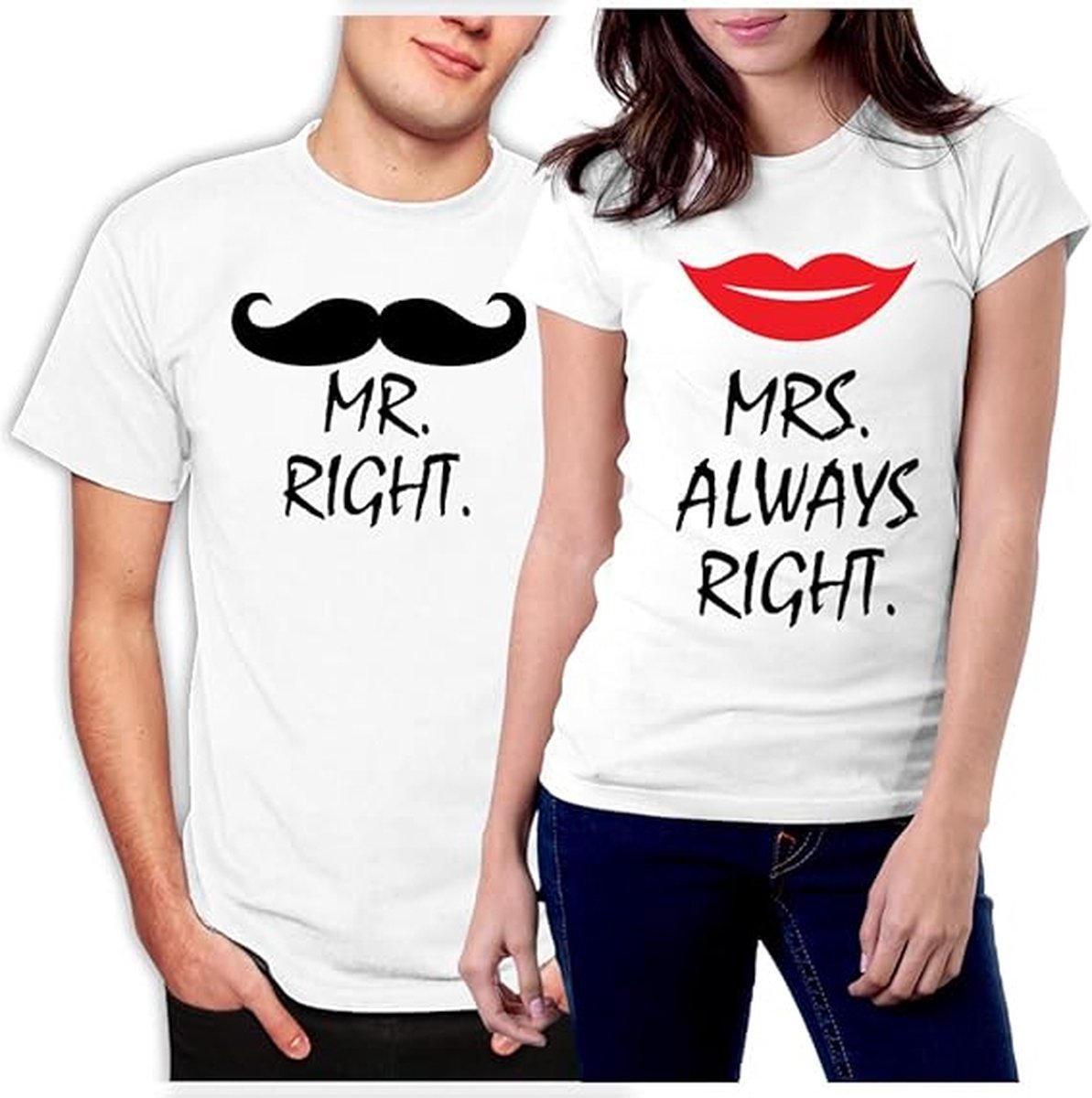 PicOnTshirt - Teetalks Series - T-Shirt Dames - T-Shirt Heren - T-Shirt Met Print - Couple T-Shirt Met 'Mr. Right & Mrs. Always Right' Print - 2 Pack - Wit - Heren L/Dames S