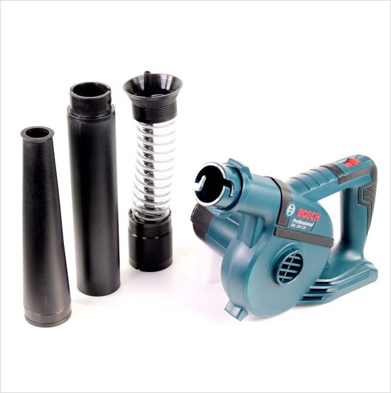 Blauwe Bosch Professional GBL 18V-120 bladblazer met drie zwarte opzetstukken.