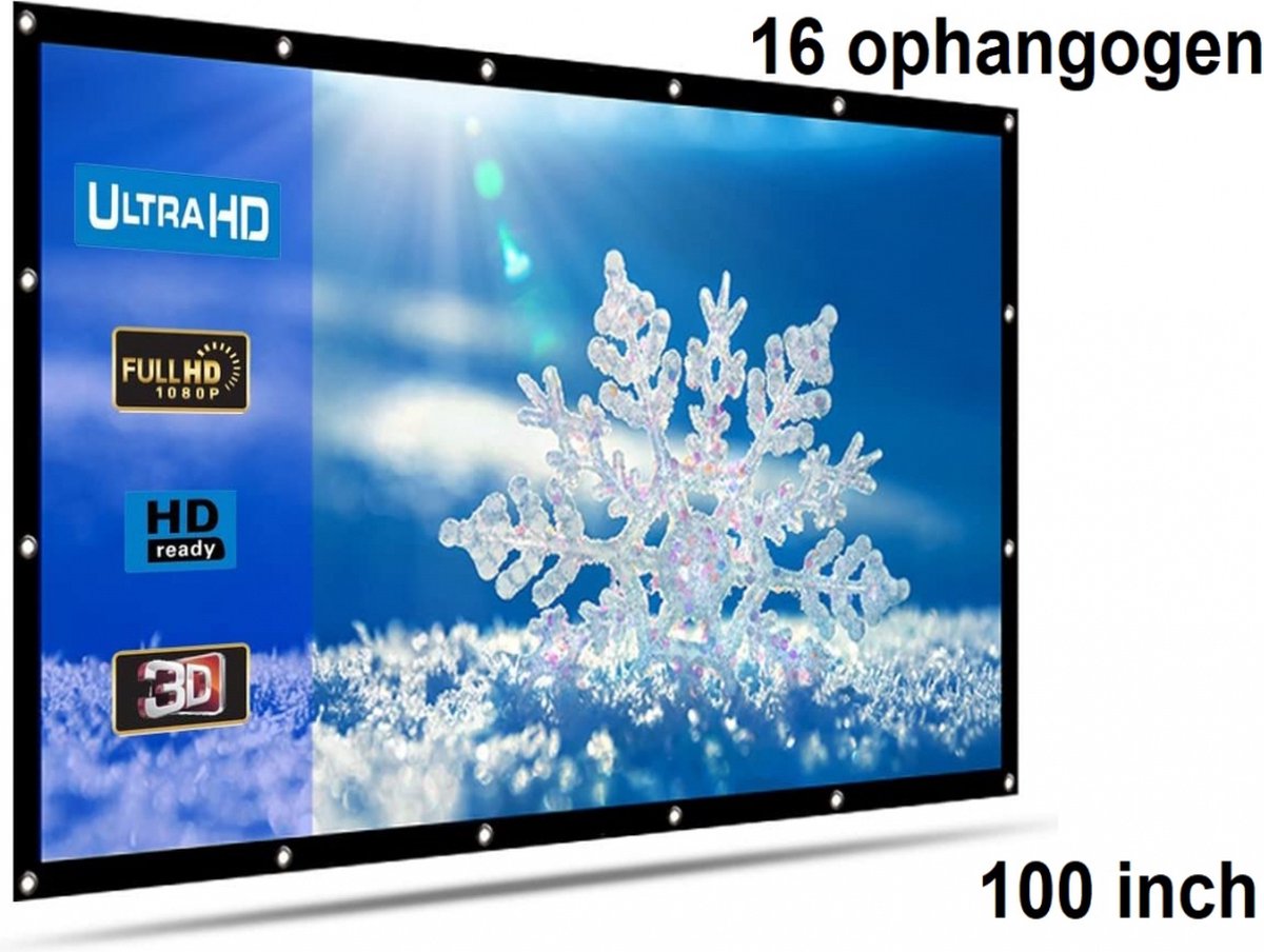 Beamer scherm projectiescherm 100 inch 16:9, lichtgewicht 285 gram met 16 ophangogen, projectie-doek beamerscherm incl ophanghaken - Beactiff