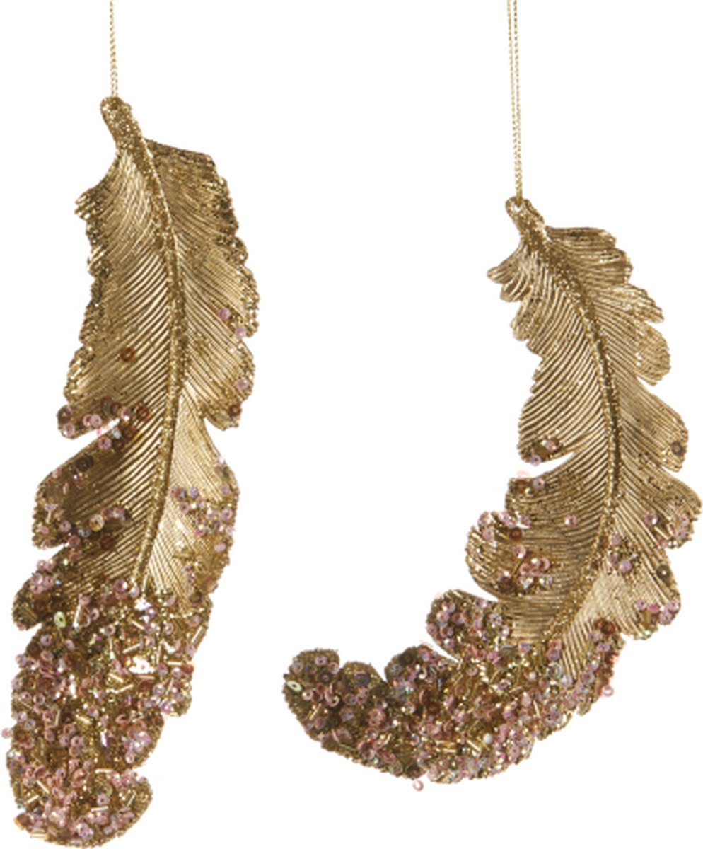 GOODWILL- GOUDEN-VEREN-KRAALTJES-ROZE-KERSTBOOM-SPRINKELS-ORNAMENT-KERST-HANGER-ASS/2-18,5CM