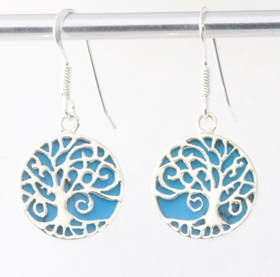 Ronde zilveren oorbellen met levensboom op blauwe turkoois