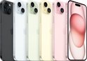 Zes iPhones in het zwart, wit, limoen, geel, en roze, met een roze iPhone op de voorgrond.