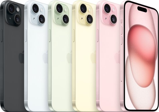 Zes iPhones in het zwart, wit, limoen, geel, en roze, met een roze iPhone op de voorgrond.