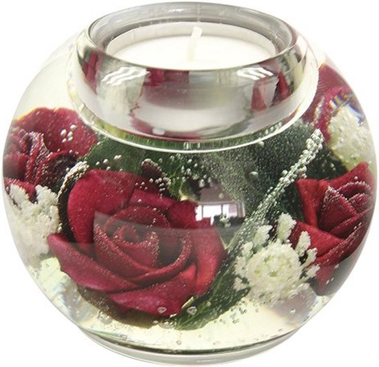 Waxinelichthouder met rode rozen - Theelichthouder - glas - Bolvormig - 9 cm diameter - 7 cm hoog - handmade