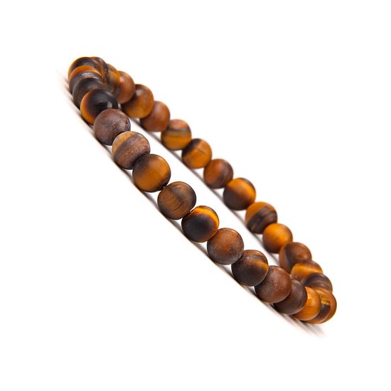 Schuine weergave van een armband met bruine en gouden tijgeroog kralen van 6mm, op een witte achtergrond.