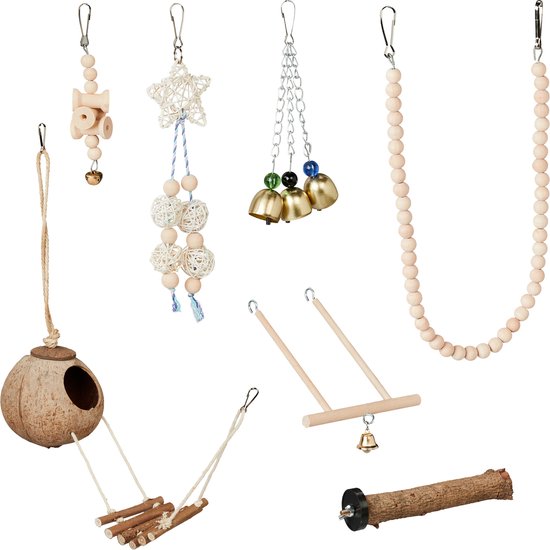 Jouet pour oiseaux Relaxdays 7 pièces - nid d'oiseau en noix de coco - perchoir en bois - balançoire pour oiseaux