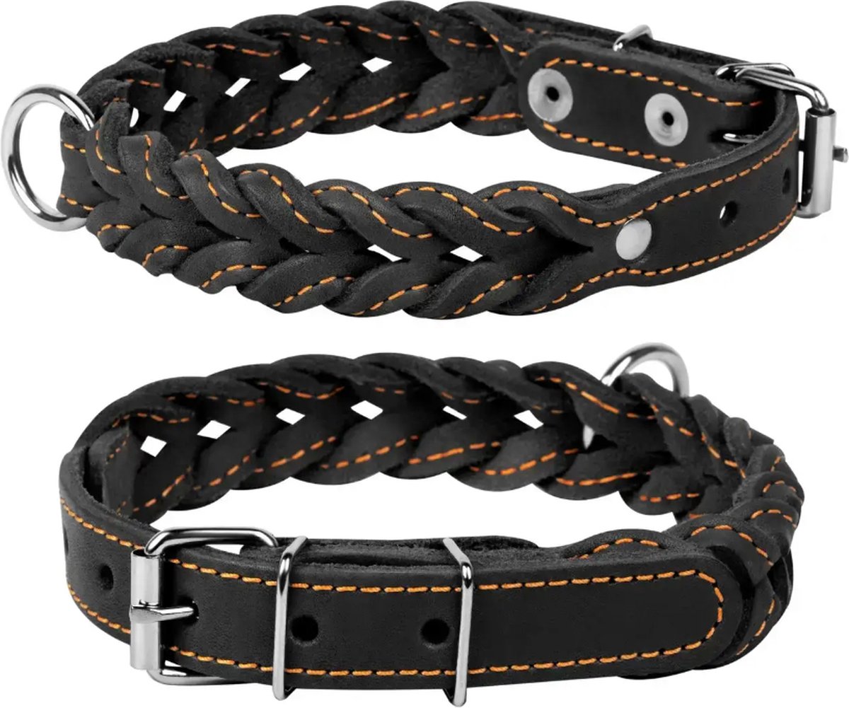 WAUDOG Classic Gevlochten Halsband - Leder - Zwart - Breedte: 20 mm - Nekomtrek: 32 - 40 cm (GELIEVE ALVORENS BESTELLEN OPMETEN)