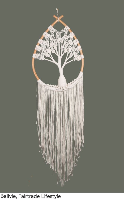 Balivie - Wandkleed - Macramé - 'Tree of Life' - Hand geknoopt katoen binnen een frame van Rotan in druppel vorm - Wit - B 43 cm D 2.5 cm L 150 cm