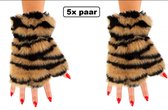 5x Paar vingerloze handschoen pluche tijger - Feest festival thema feest party optocht themafeest