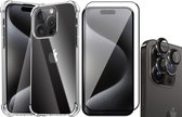 Hoesje geschikt voor iPhone 15 Pro - Screenprotector FullGuard & Camera Lens Screen Protector Zwart - Back Cover Case ShockGuard Transparant