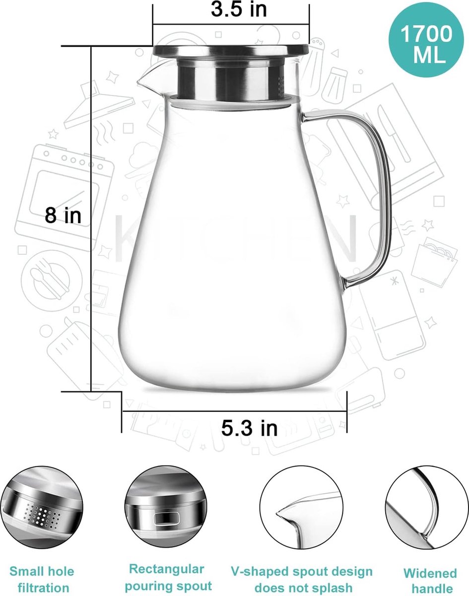 Glazen karaf met deksel 1700 ml - Borosilicaatglas - Voor doe-het-zelf dranken thee